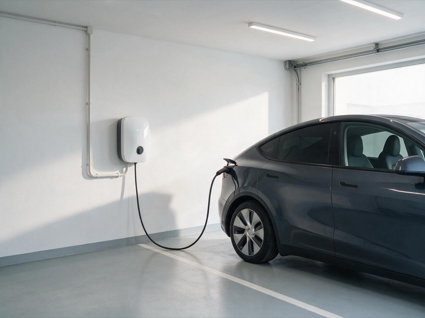 Nachher: Wallbox an der Garagenwand, E-Auto lädt