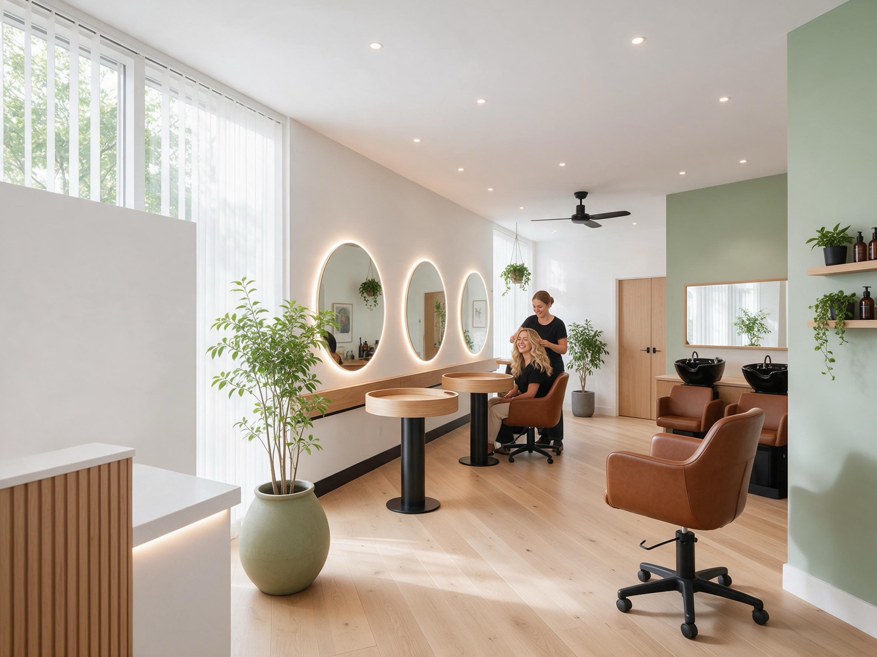 Heller, moderner Friseursalon mit runden Spiegeln und Salbeigrün