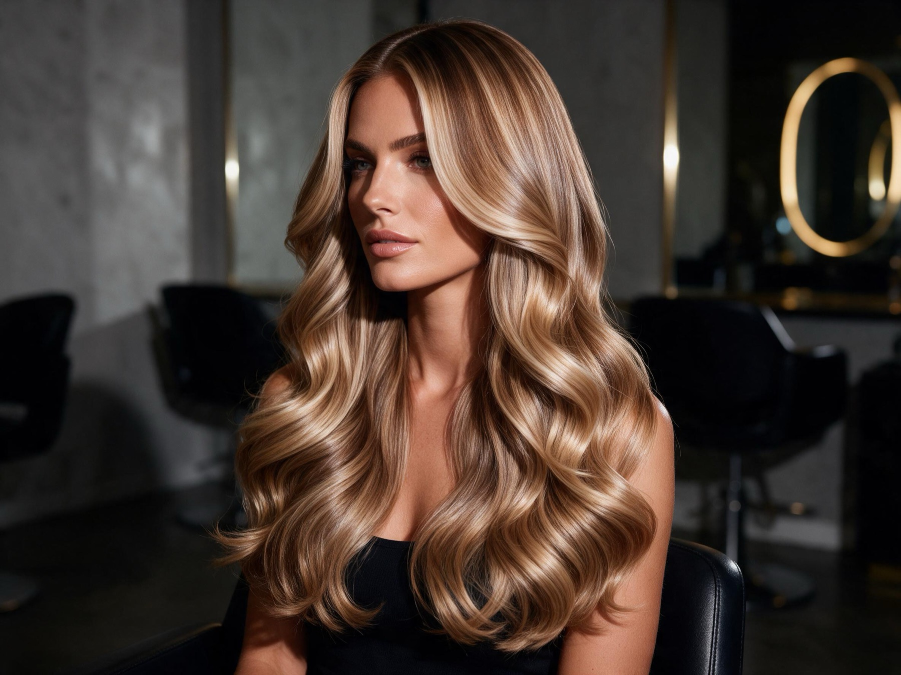 Nachher: glänzende Balayage in Honig- und Karamelltönen